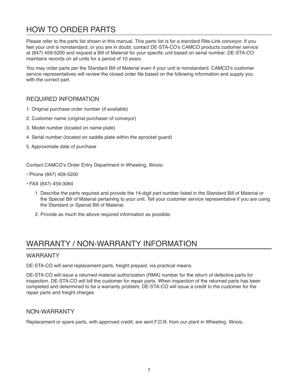 How to order parts, Warranty / non-warranty information | DE-STA-CO Rite-Link Conveyors 75mm, 115mm and 150mm LINKS User Manual | Page 8 / 20