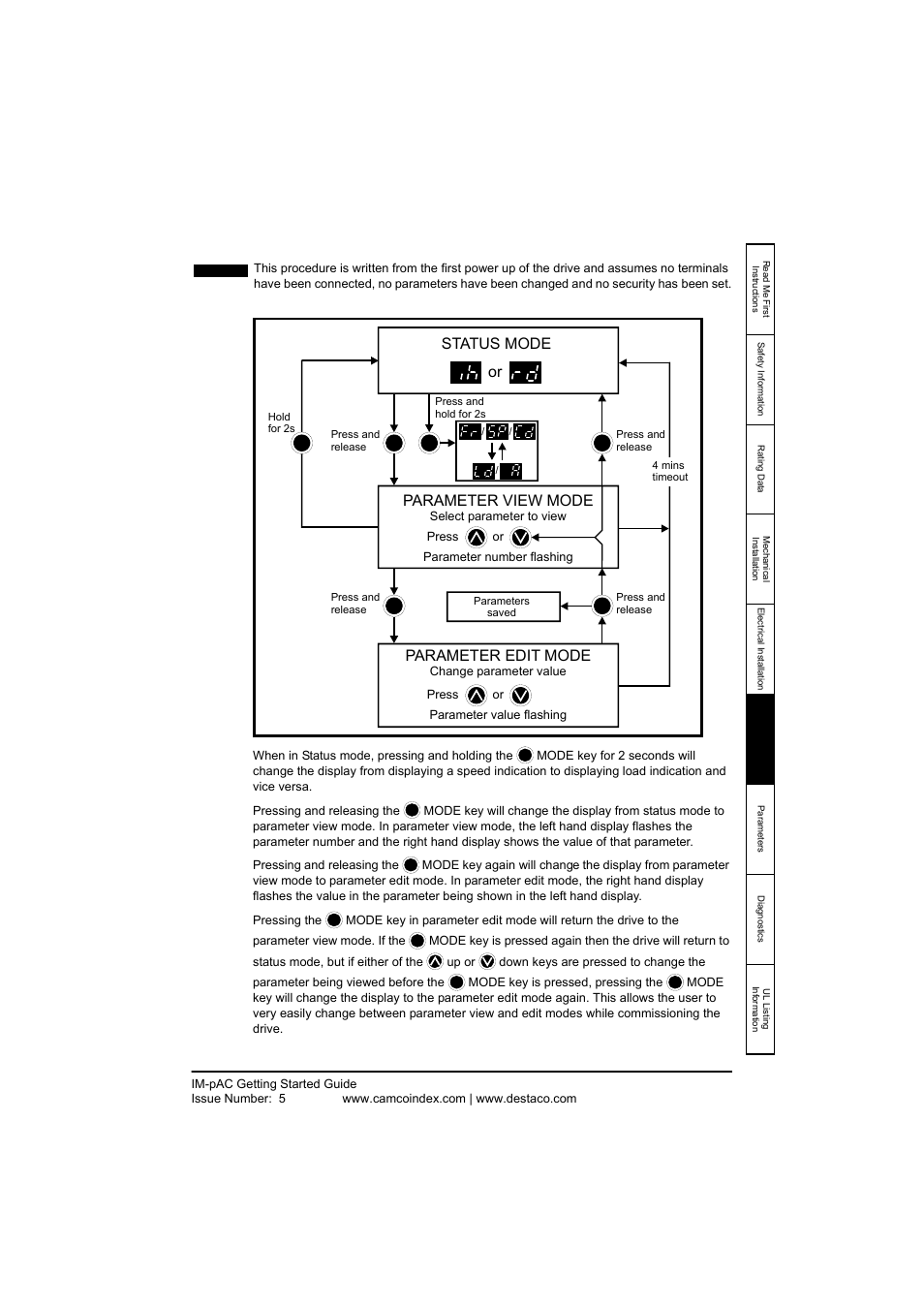 3 selecting and changing parameters, Selecting and changing parameters, Status mode or parameter view mode | Parameter edit mode | DE-STA-CO IM-pAC AC Drive Getting Started Guide User Manual | Page 47 / 72