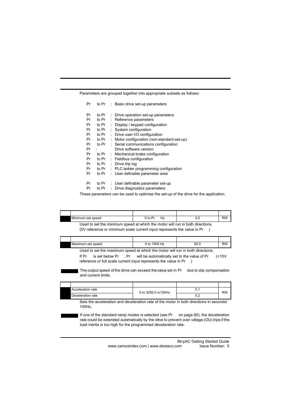 7 parameters, 1 parameter descriptions - level 1, Parameters | Parameter descriptions - level 1, Am eter s, 7parameters | DE-STA-CO IM-pAC AC Drive Getting Started Guide User Manual | Page 50 / 72