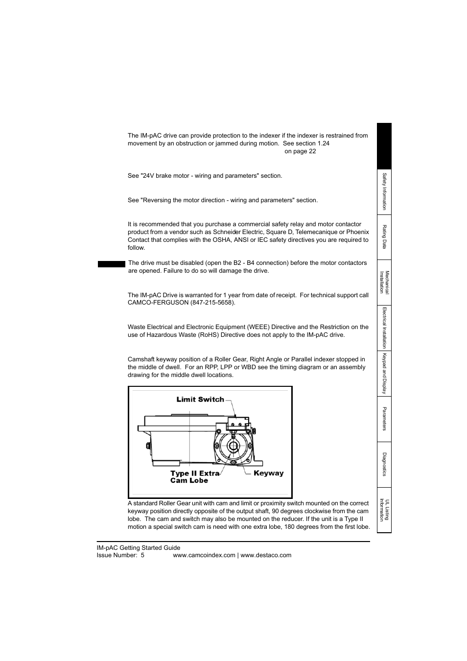 10 overload protection, 11 brake motors, 12 reversing the motor | 13 emergency stop safety, 14 warranty and return policy, 15 disposal, Overload protection, Brake motors, Reversing the motor, Emergency stop safety | DE-STA-CO IM-pAC AC Drive Getting Started Guide User Manual | Page 9 / 72