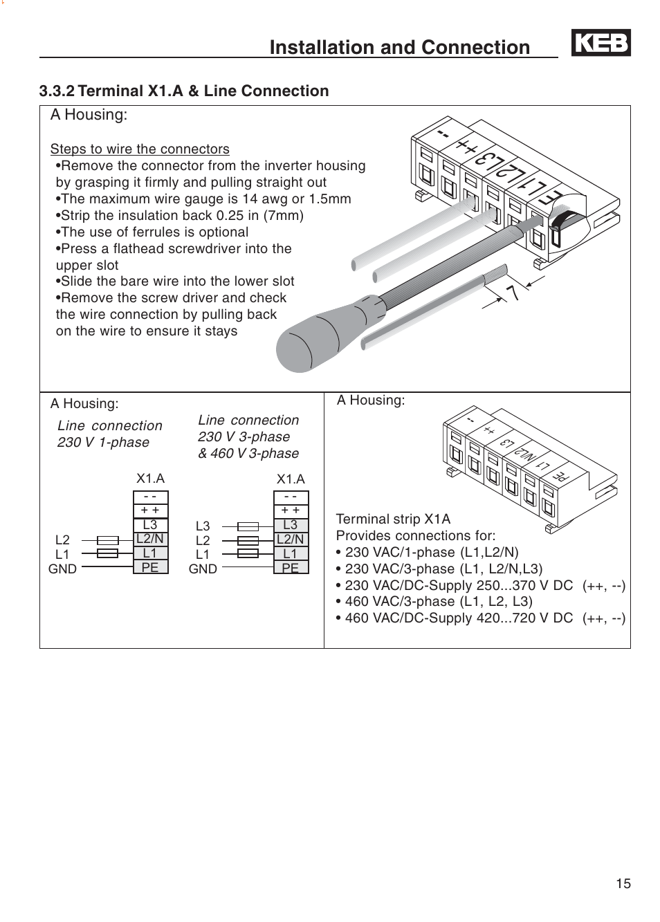 2 terminal x1.a & line connection, L1l2 l3, Installation and connection | DE-STA-CO F5-B AC Inverter Drive User Manual | Page 15 / 56