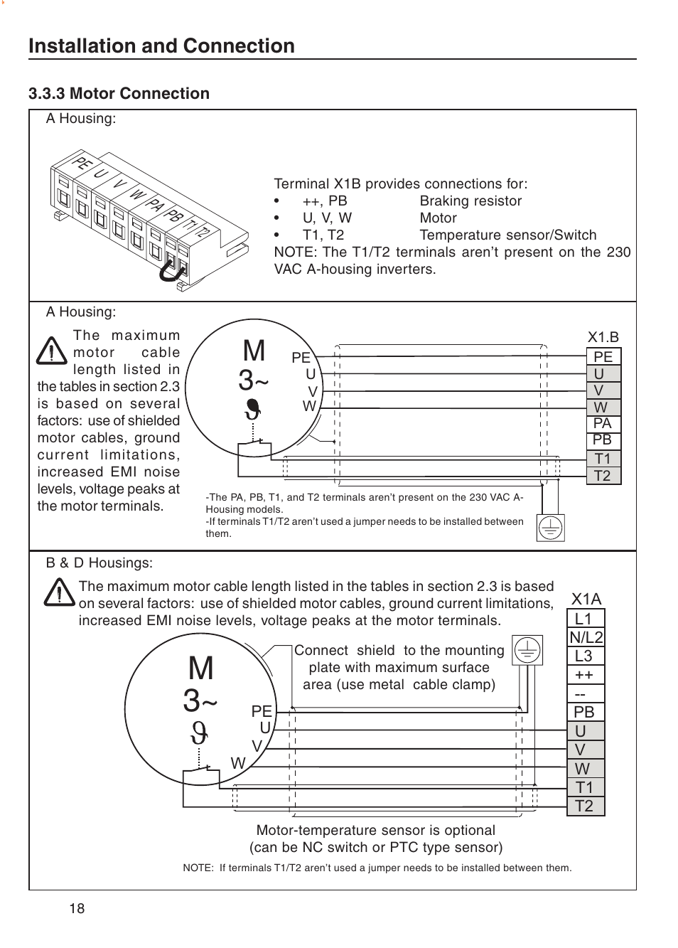 3 motor connection, Installation and connection | DE-STA-CO F5-B AC Inverter Drive User Manual | Page 18 / 56
