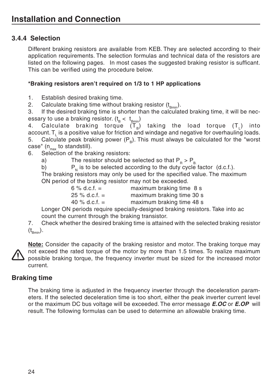4 selection, Installation and connection, Braking time 3.4.4 selection | DE-STA-CO F5-B AC Inverter Drive User Manual | Page 24 / 56