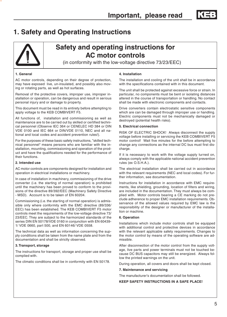 Safety and operating instructions | DE-STA-CO F5-B AC Inverter Drive User Manual | Page 5 / 56