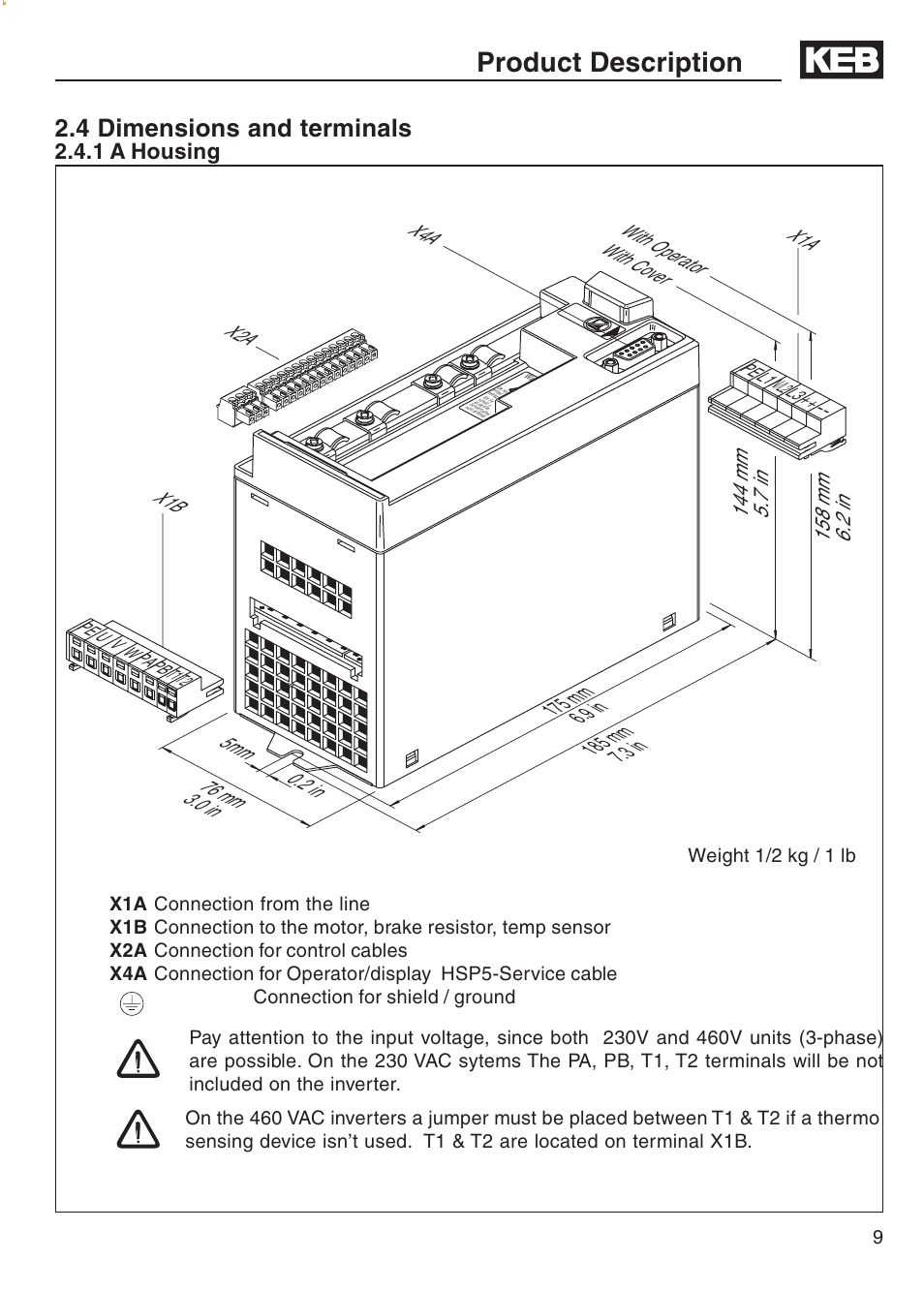 4 dimensions and terminals, 1 a housing, Product description | DE-STA-CO F5-B AC Inverter Drive User Manual | Page 9 / 56