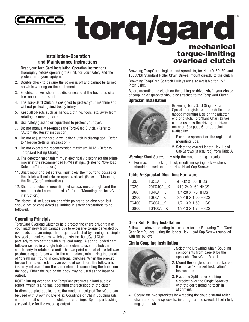 Torq/gard, Mechanical torque-limiting overload clutch | DE-STA-CO TG20 User Manual | Page 2 / 8