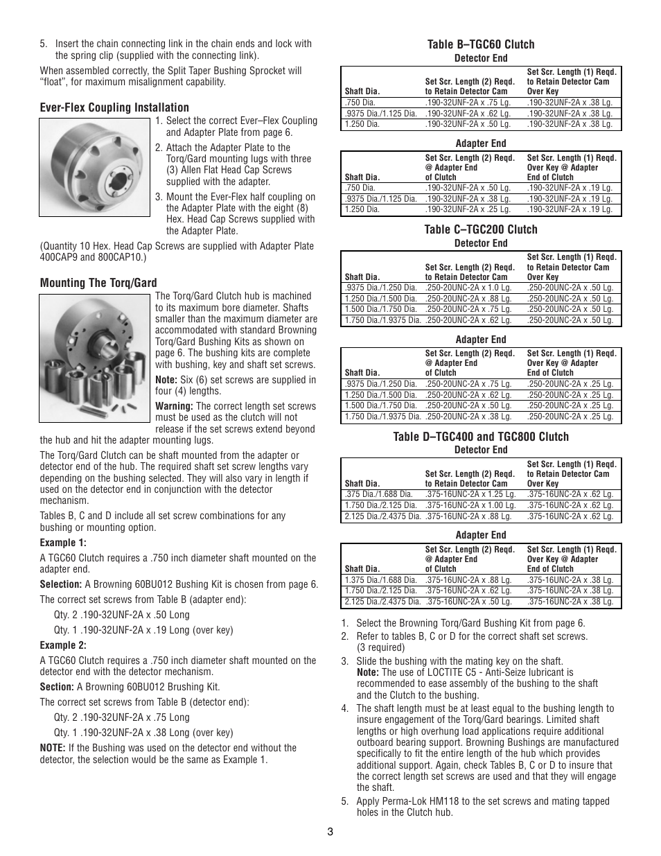 Ever-flex coupling installation, Mounting the torq/gard, Table b–tgc60 clutch | Table c–tgc200 clutch | DE-STA-CO TG20 User Manual | Page 3 / 8