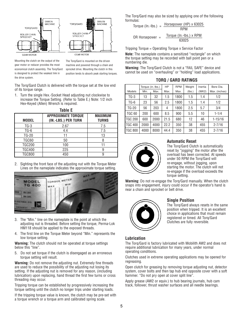 Table e, Torq / gard ratings, Automatic reset | Single position, Lubrication | DE-STA-CO TG20 User Manual | Page 5 / 8