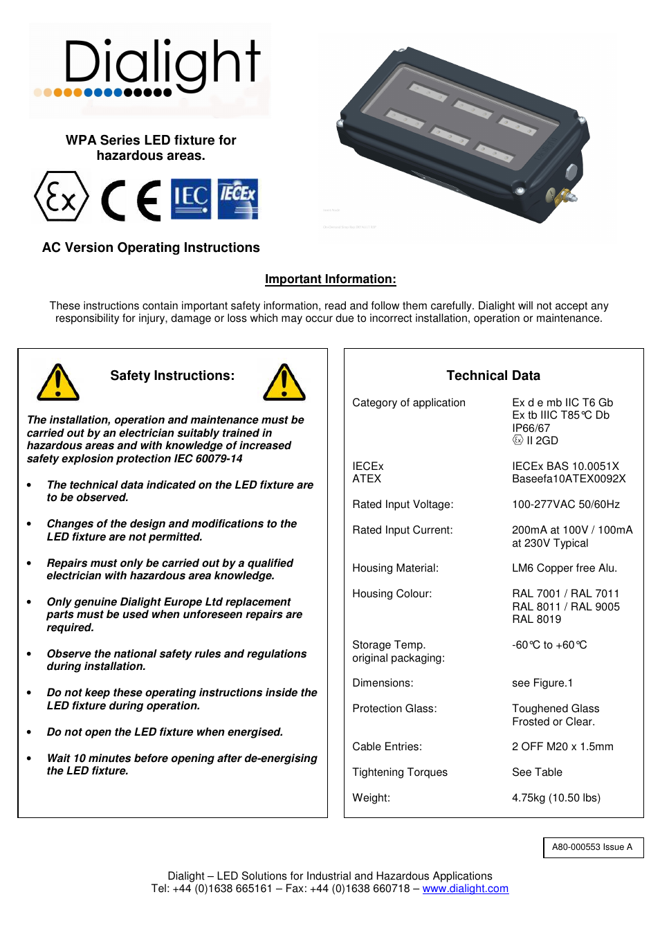 Dialight SafeSite LED Bulkhead - ATEX/IECEx User Manual | 6 pages