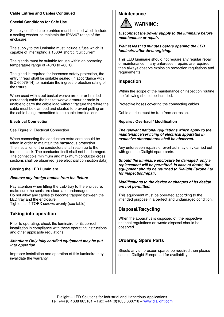 Dialight SafeSite LED Bulkhead - ATEX/IECEx User Manual | Page 5 / 6