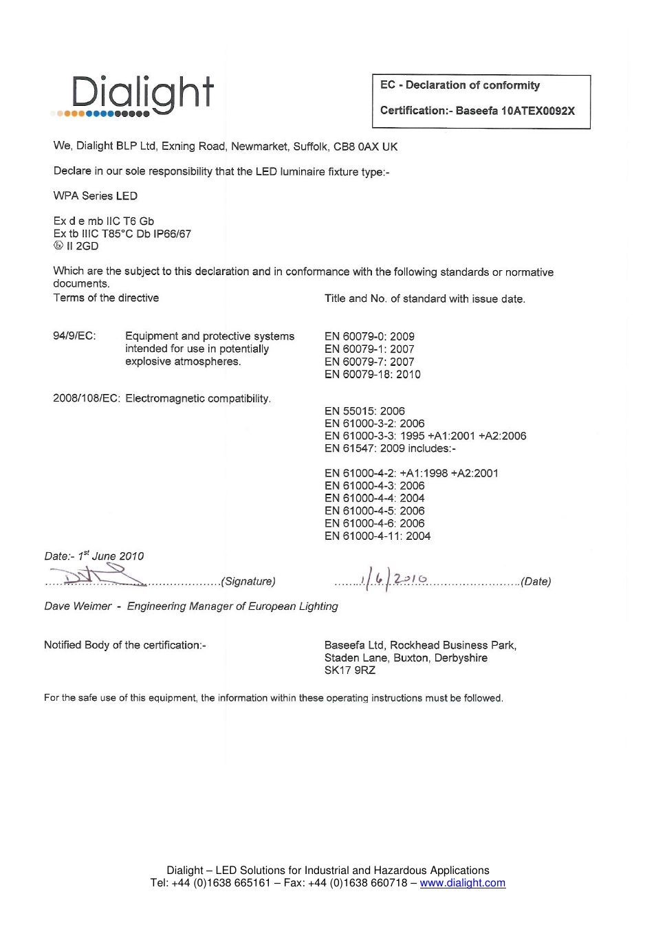 Dialight SafeSite LED Bulkhead - ATEX/IECEx User Manual | Page 6 / 6