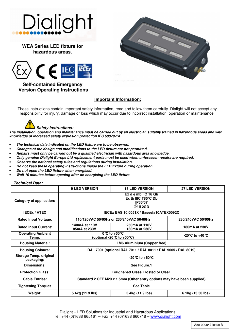 Dialight SafeSite LED Emergency Bulkhead - ATEX/IECEx User Manual | 7 pages