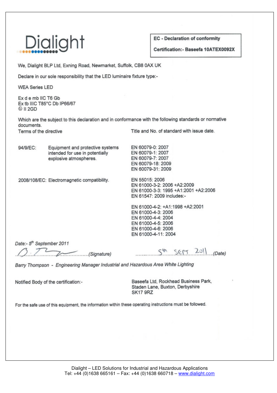 Dialight SafeSite LED Emergency Bulkhead - ATEX/IECEx User Manual | Page 7 / 7