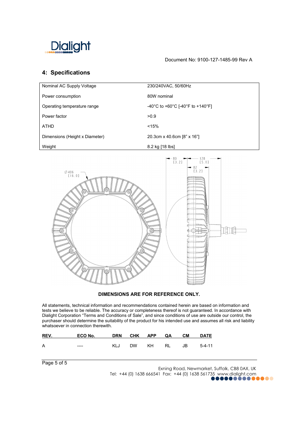 Specifications | Dialight LBW-XXXX-EU DuroSite LED Low Bay User Manual | Page 5 / 5