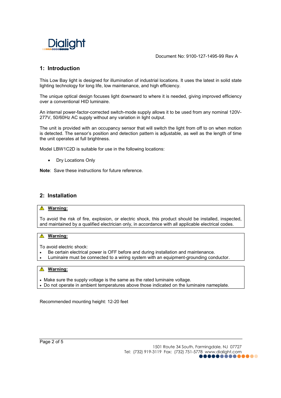 Dialight LBW1C2D DuroSite LED Low Bay User Manual | Page 2 / 5