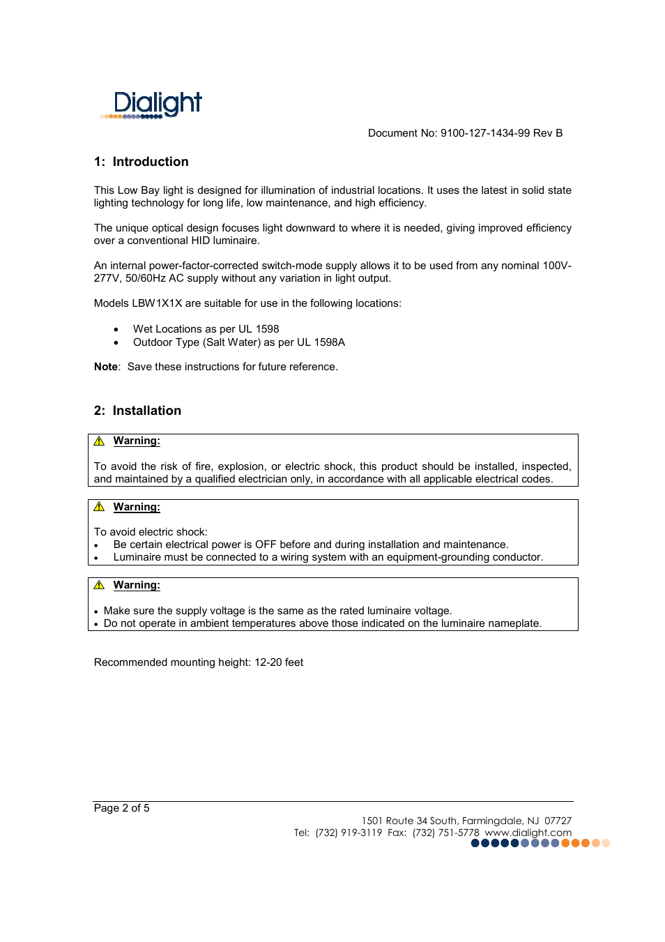 Dialight LBW1X1X DuroSite LED Low Bay User Manual | Page 2 / 5