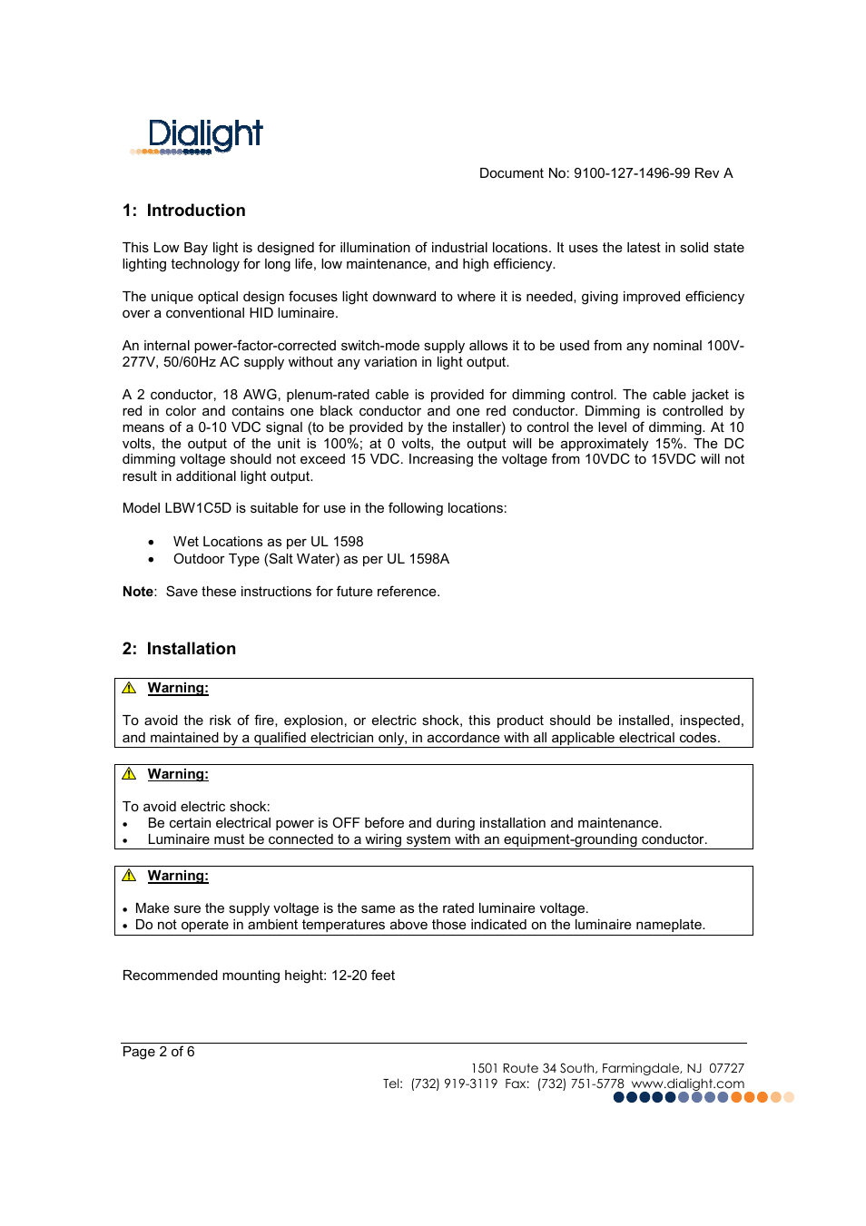 Dialight LBW1C5D DuroSite LED Low Bay User Manual | Page 2 / 6