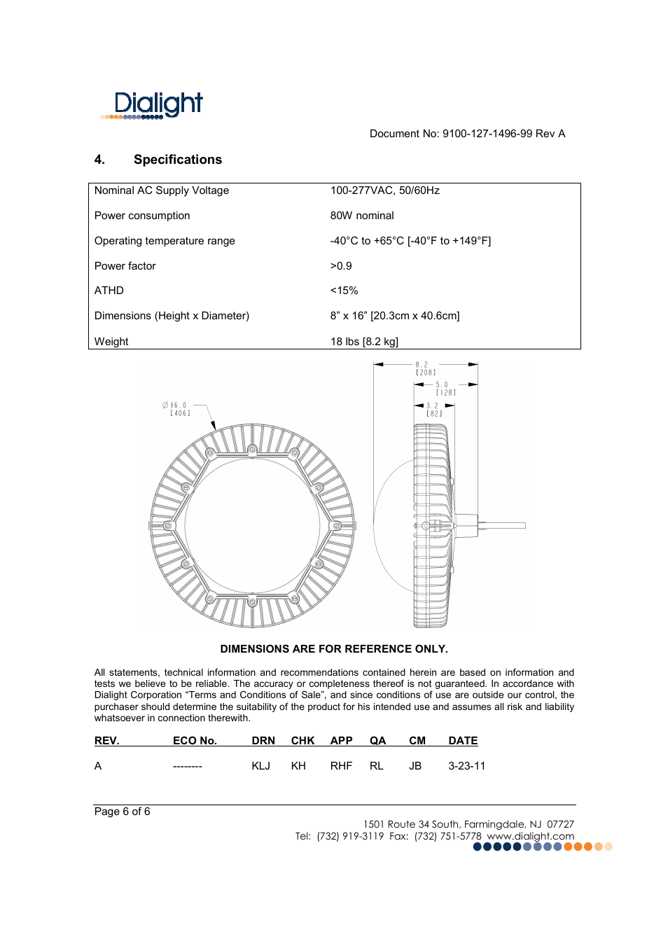Dialight LBW1C5D DuroSite LED Low Bay User Manual | Page 6 / 6