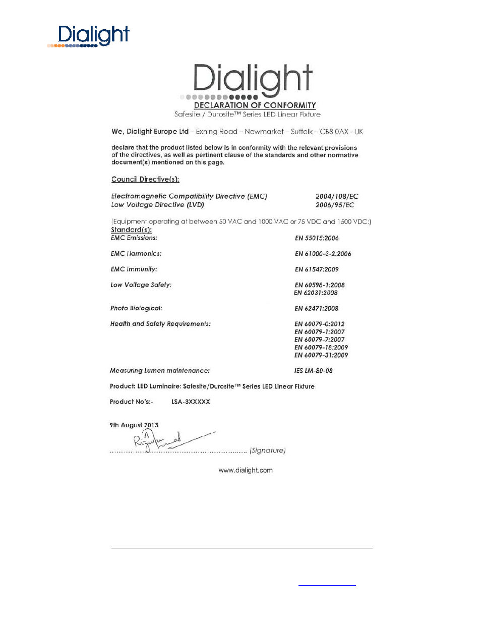 Dialight SafeSite LED Linear - ATEX/IECEx User Manual | Page 6 / 6