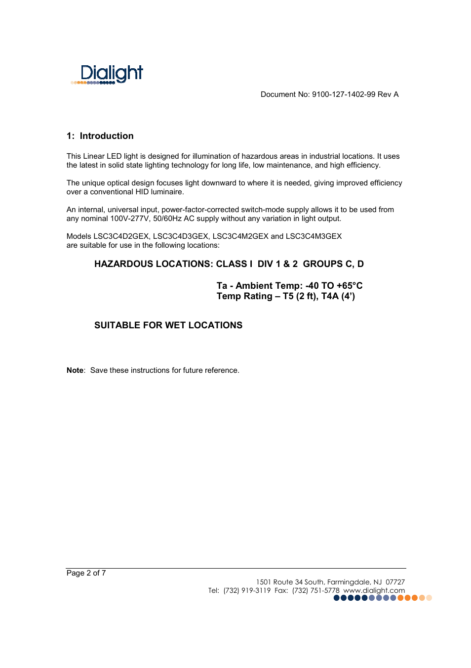 Dialight LSC3C4M3GEX SafeSite LED Linear Fixture - CID1 User Manual | Page 2 / 7
