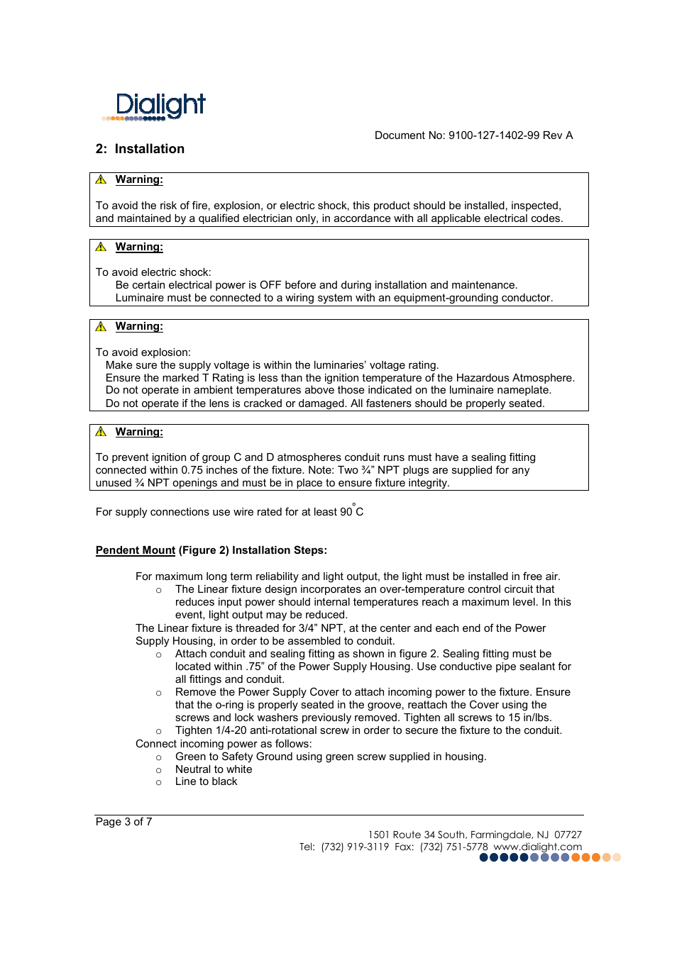 Installation | Dialight LSC3C4M3GEX SafeSite LED Linear Fixture - CID1 User Manual | Page 3 / 7