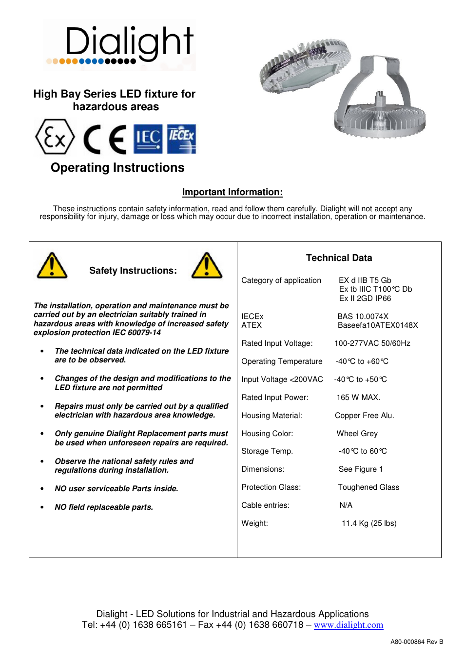 Dialight SafeSite High Bay ATEX/IECEx User Manual | 5 pages