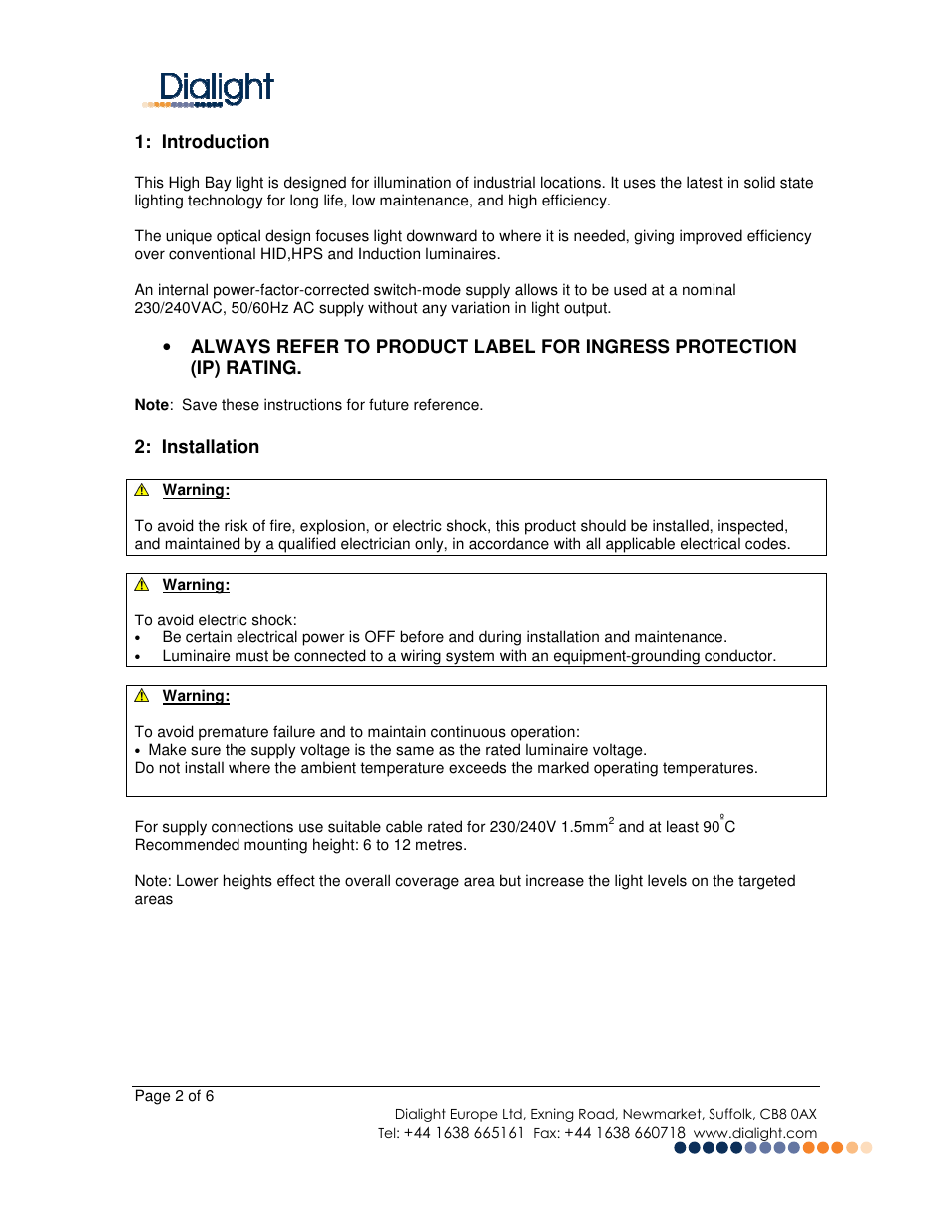 Introduction, Installation | Dialight HB-XXXX-EU DuroSite LED High Bay Fixture CE Ver. User Manual | Page 2 / 6