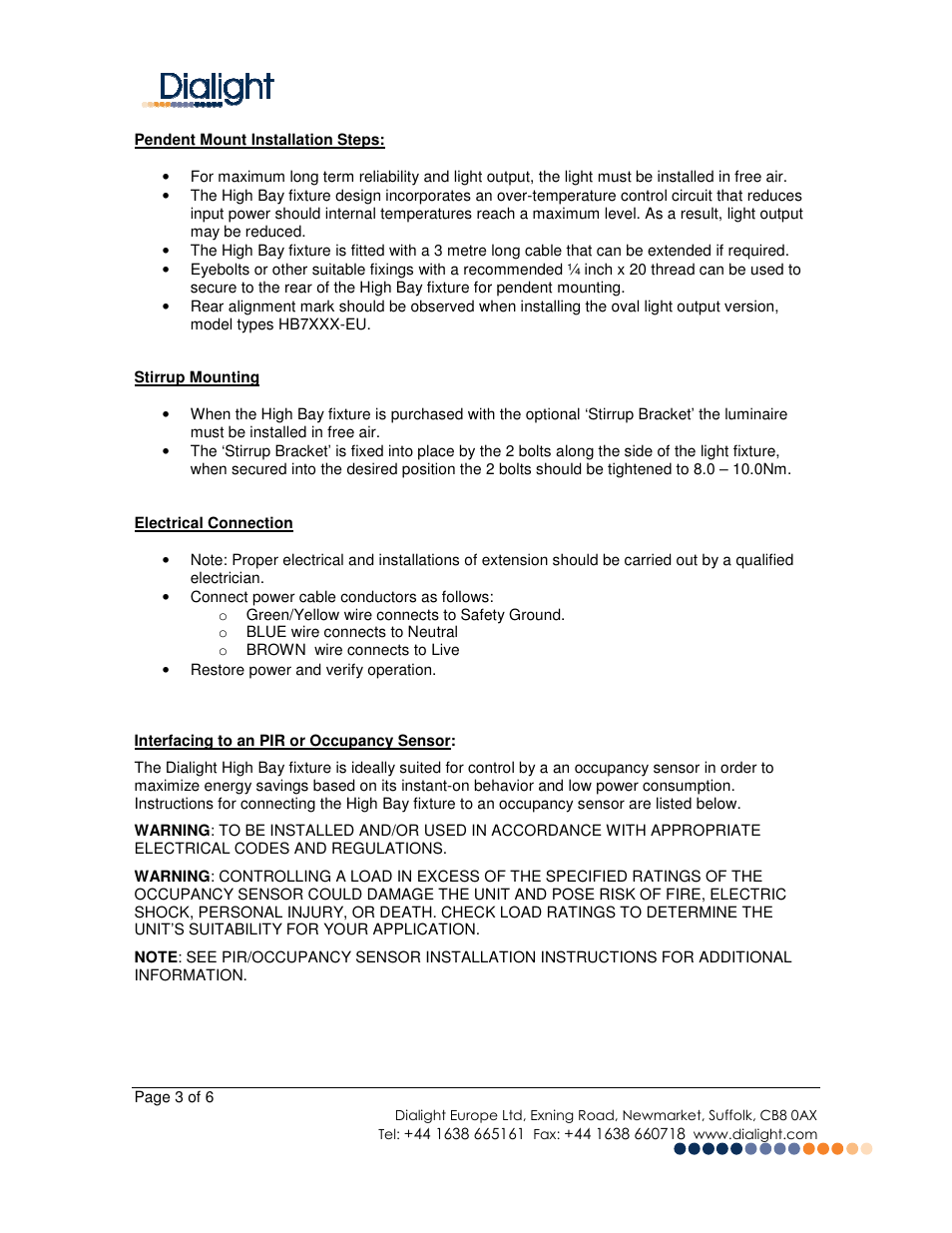 Dialight HB-XXXX-EU DuroSite LED High Bay Fixture CE Ver. User Manual | Page 3 / 6