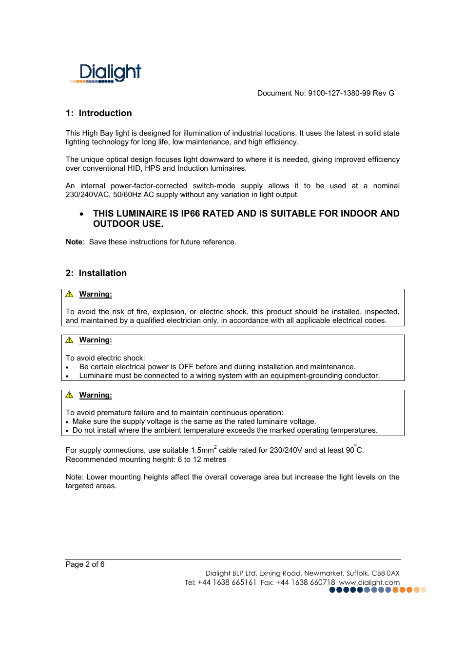 Dialight HB-XXXX-EU DuroSite LED High Bay User Manual | Page 2 / 6