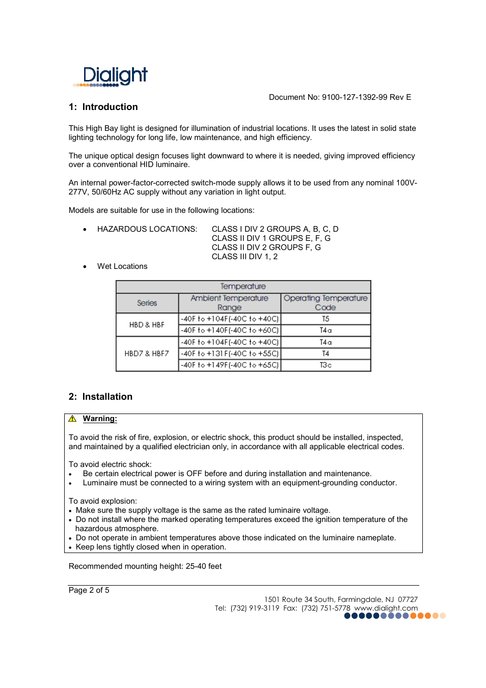 Introduction, Installation | Dialight HBDXX4X SafeSite LED High Bay User Manual | Page 2 / 5