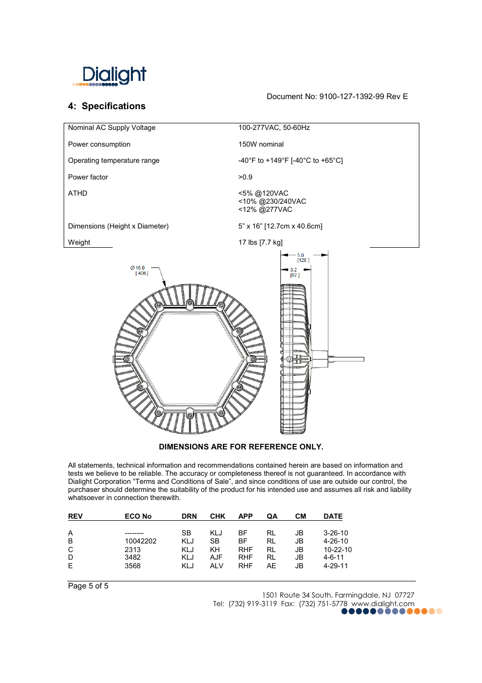 Specifications | Dialight HBDXX4X SafeSite LED High Bay User Manual | Page 5 / 5