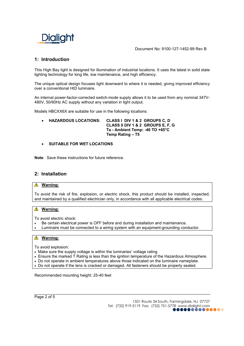Dialight HBCXX6X SafeSite LED High Bay User Manual | Page 2 / 5