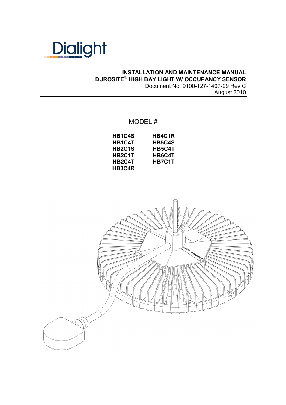 Dialight HB7C1T DuroSite LED High Bay - Occupancy Sensor - 100-277VAC User Manual | 5 pages