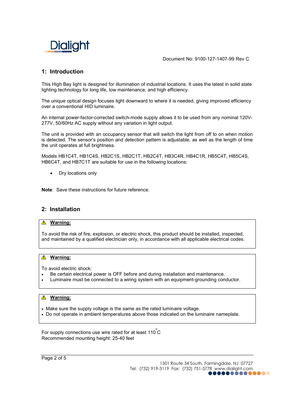 Introduction, Installation | Dialight HB7C1T DuroSite LED High Bay - Occupancy Sensor - 100-277VAC User Manual | Page 2 / 5