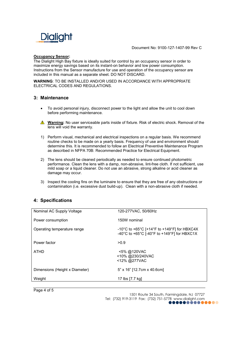Dialight HB7C1T DuroSite LED High Bay - Occupancy Sensor - 100-277VAC User Manual | Page 4 / 5