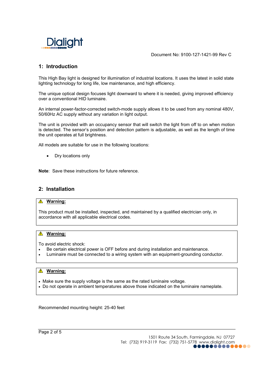 Dialight HBXX8X DuroSite LED High Bay User Manual | Page 2 / 5