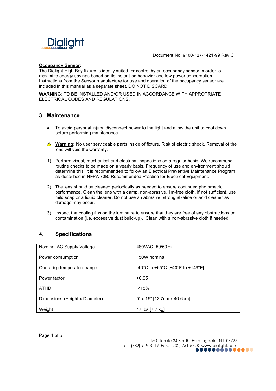 Dialight HBXX8X DuroSite LED High Bay User Manual | Page 4 / 5