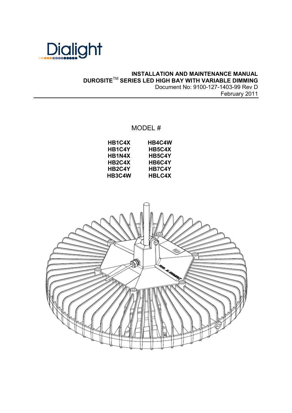 Dialight HBLC4X DuroSite LED High Bay - Variable Dimming - 100-277VAC User Manual | 6 pages