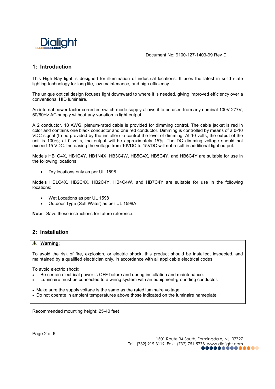 Dialight HBLC4X DuroSite LED High Bay - Variable Dimming - 100-277VAC User Manual | Page 2 / 6