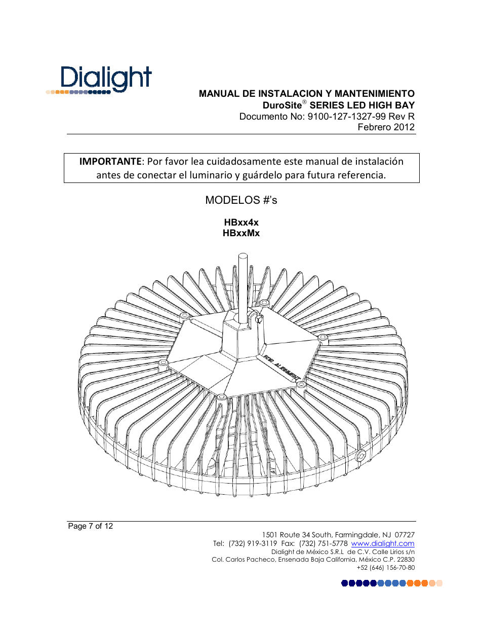 Modelos #’s | Dialight HBxxMx DuroSite LED High Bay User Manual | Page 7 / 12