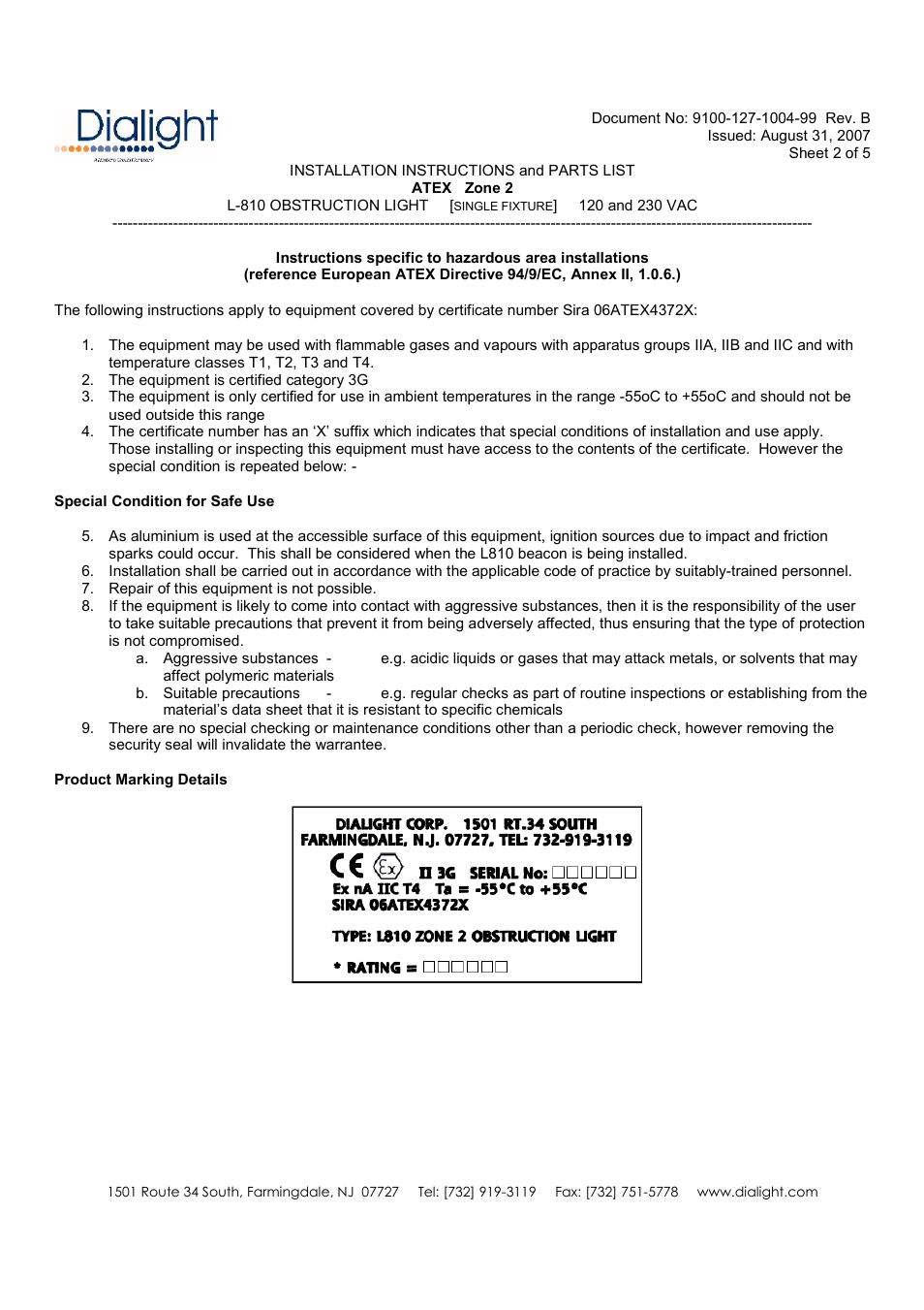 Dialight ATEX Red Obstruction Light User Manual | Page 2 / 5