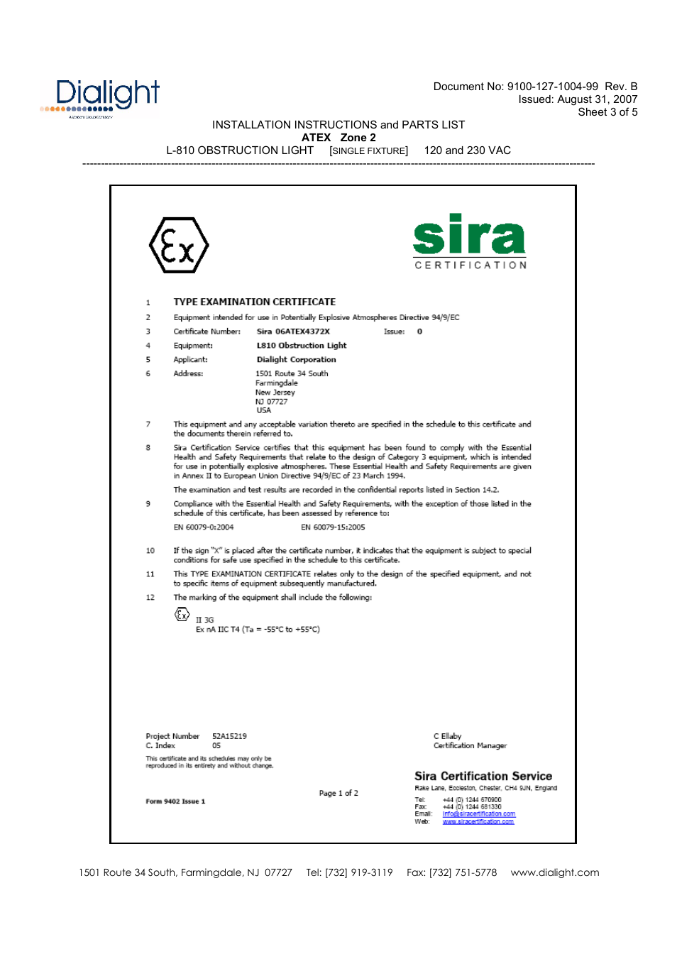Dialight ATEX Red Obstruction Light User Manual | Page 3 / 5