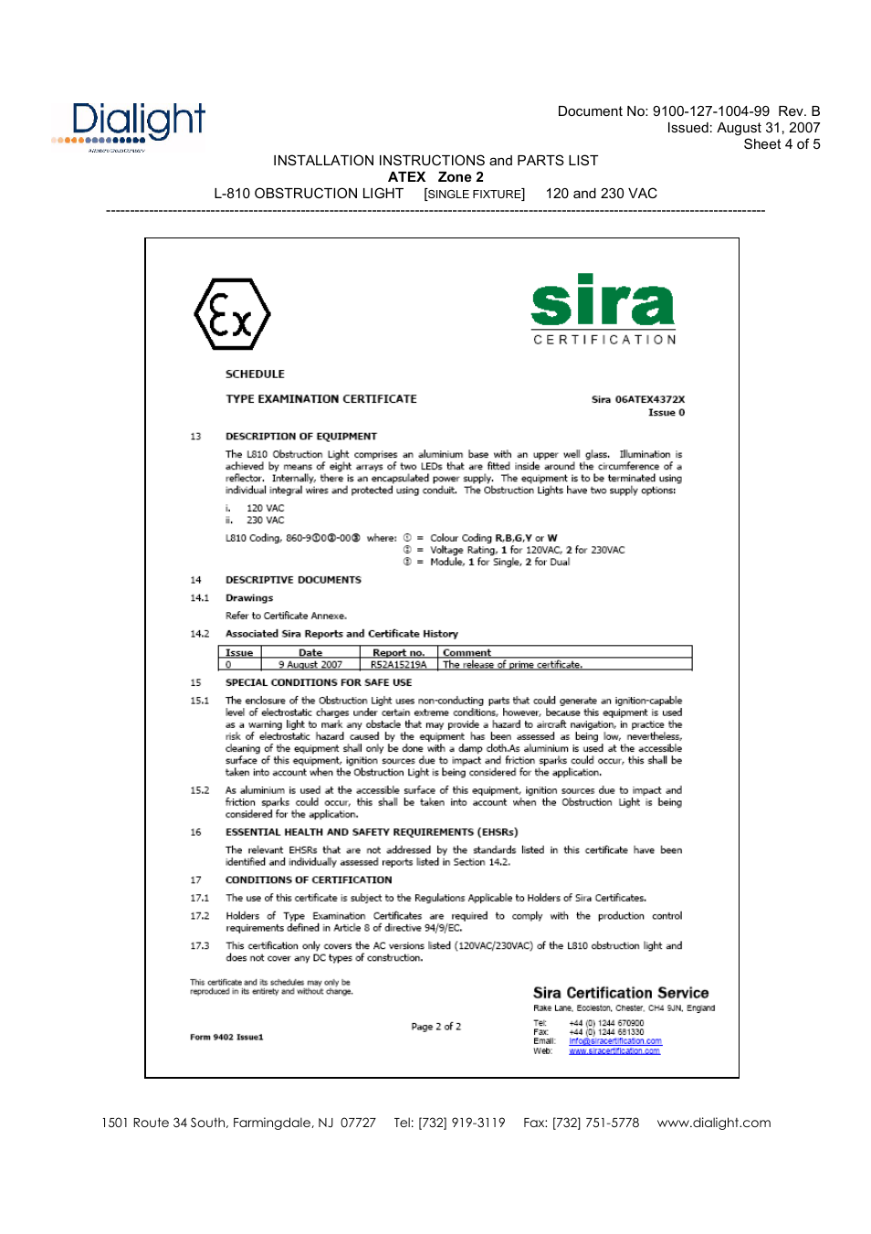 Dialight ATEX Red Obstruction Light User Manual | Page 4 / 5