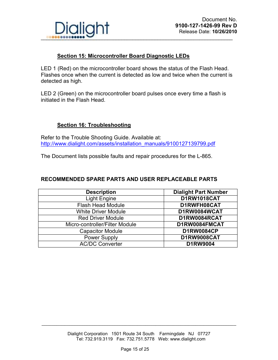 Dialight D1RW-L13-008 Vigilant L866/L885 LED Based Dual Red / White Catenary User Manual | Page 15 / 25