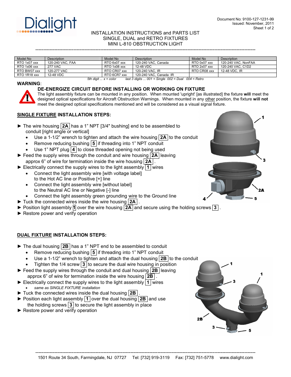 Dialight RTOxxxxxx Vigilant L-810 RTO Red LED Obstruction Lights User Manual | 2 pages