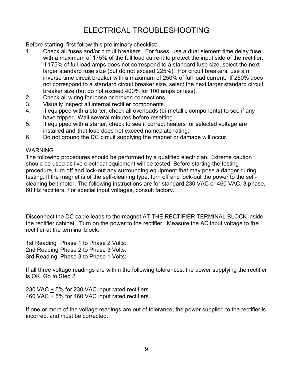 Electrical troubleshooting | Dings Magnetic Group Stationary Electro Overhead Magnets User Manual | Page 11 / 14