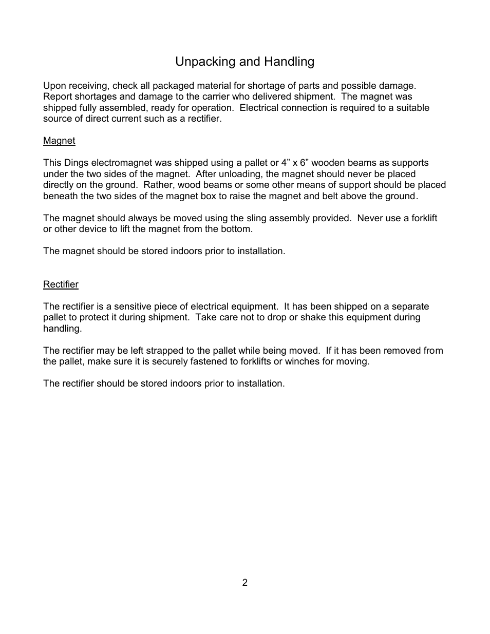 Unpacking and handling | Dings Magnetic Group Stationary Electro Overhead Magnets User Manual | Page 4 / 14