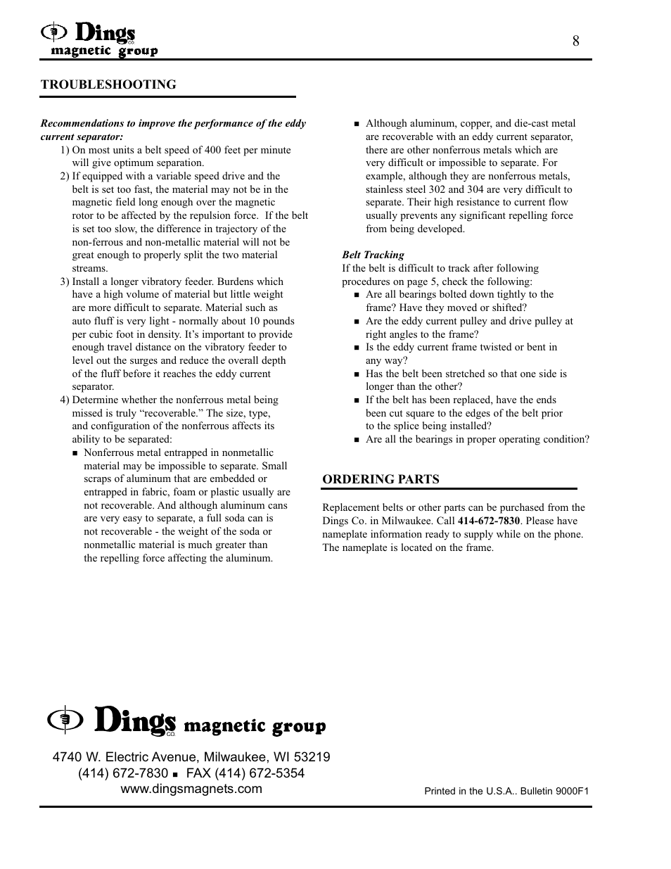 Dings Magnetic Group 2 PULLEY EDDY CURRENT SEPARATOR User Manual | Page 8 / 8