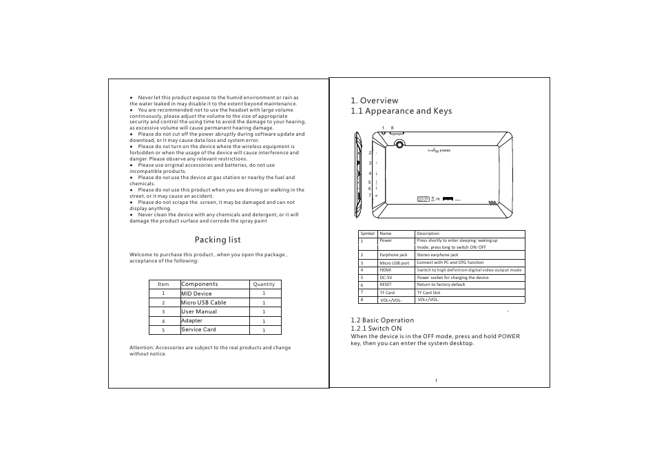 1 overview 1.1 appearance and keys, Packing list | Envizen V100MD User Manual | Page 3 / 9