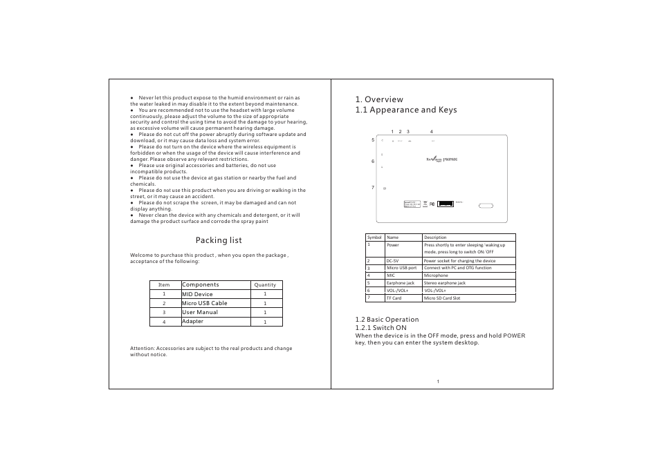 1 overview 1.1 appearance and keys, Packing list | Envizen V7011 User Manual | Page 3 / 10